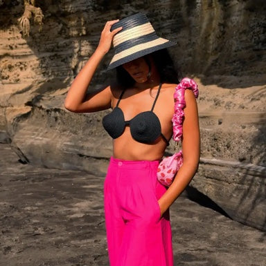 Nona Striped Bucket Palm Straw Hat, in Black and Natural