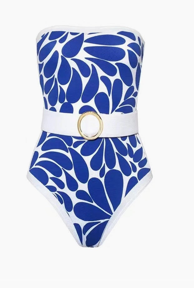 Vintage Print Strapless One Piece Swimwear with Cover | Blue