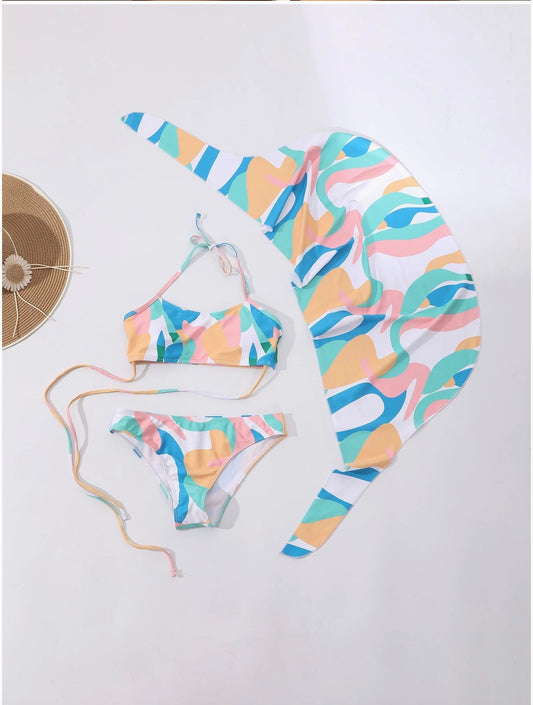 Color Block Halter 3PCS Swimwear